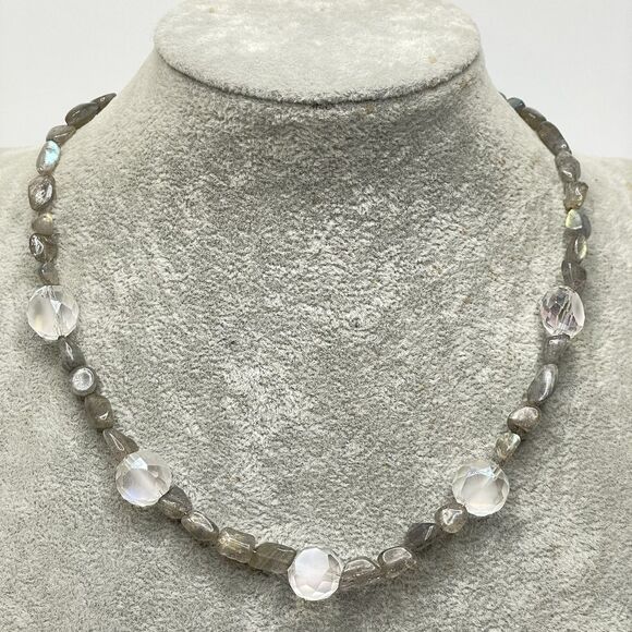 Natural Labradorite Chip White AB Froster Glass Beaded Necklace Boho Statement - Picture 1 of 8
